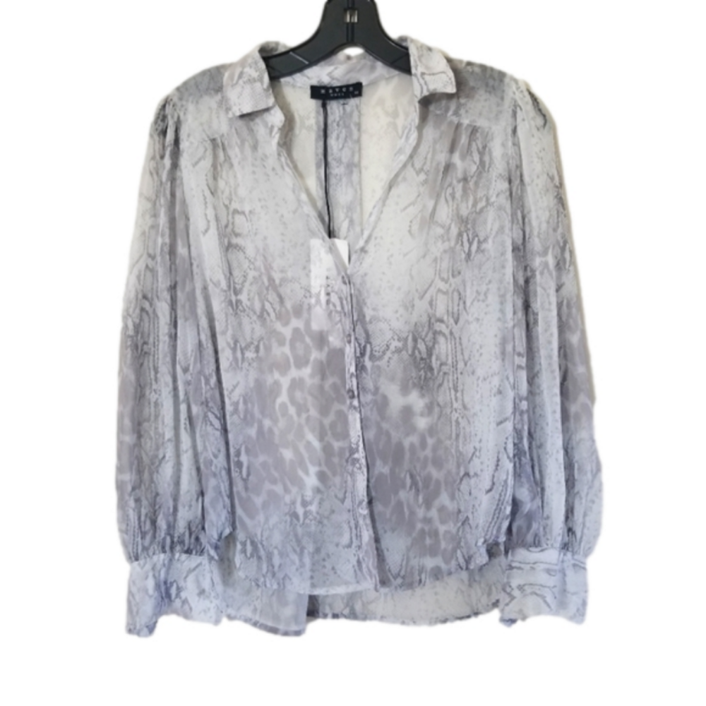 NWT Maven West Snakeskin Mixed Print Sheer Collared Grey Scale Blouse Size XS